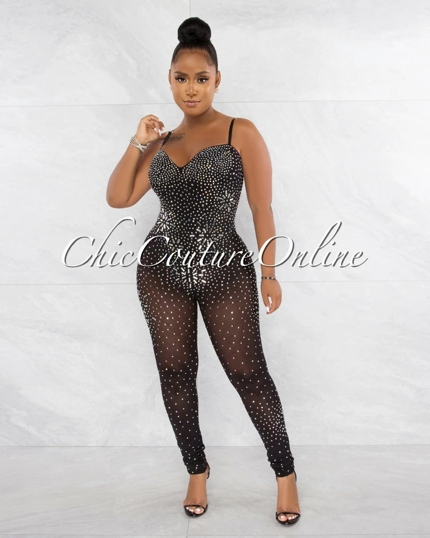 Chic Couture Online Ontario Silver Black Rhinestones Sheer Bodysuit Jumpsuit JUST IN