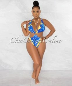 Chic Couture Online Island Blue Retro Print O-Ring Deep V Swimsuit