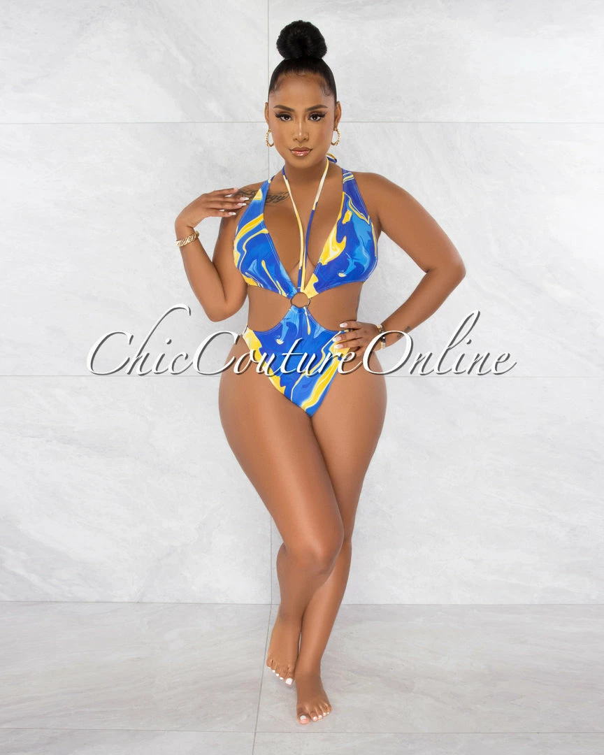 Chic Couture Online Island Blue Retro Print O-Ring Deep V Swimsuit
