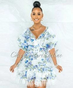 Vendor-unknown JUST IN Bahia White Blue Floral Embroidery Ruffle Skater Dress
