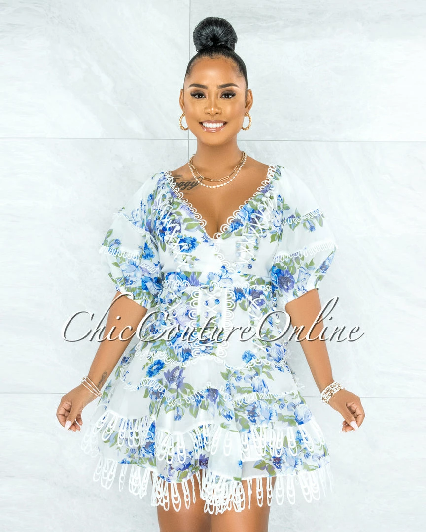 Vendor-unknown JUST IN Bahia White Blue Floral Embroidery Ruffle Skater Dress