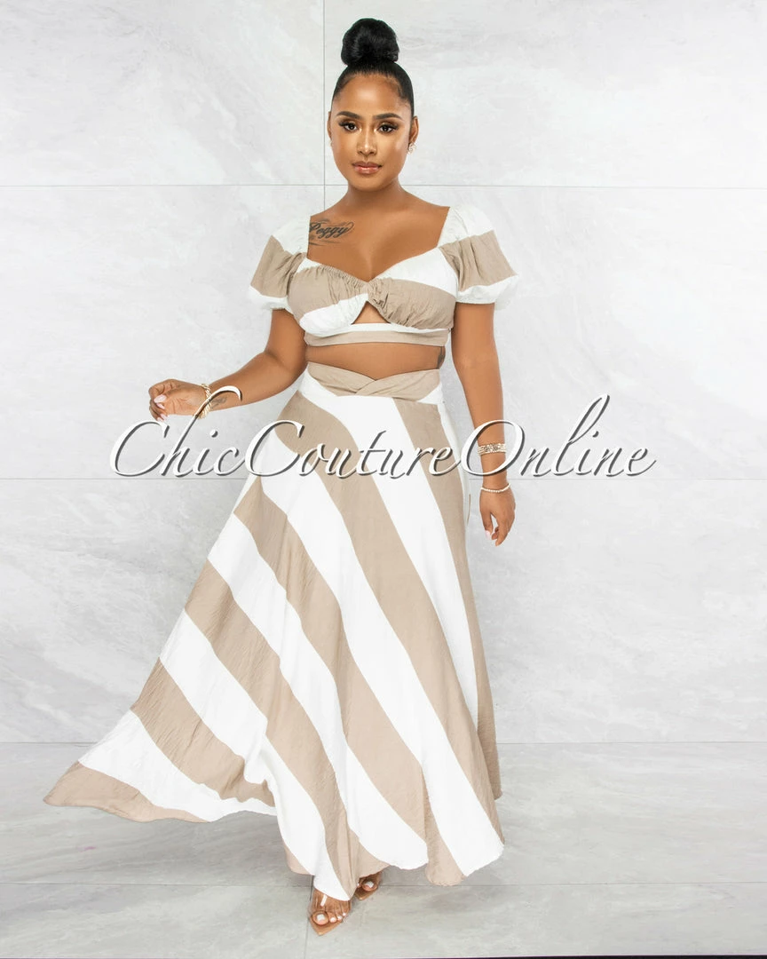 Vendor-unknown JUST IN Anison White Taupe Stripes Crop Top & Maxi Skirt Set