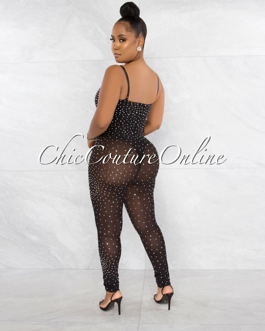 Chic Couture Online Ontario Silver Black Rhinestones Sheer Bodysuit Jumpsuit JUST IN