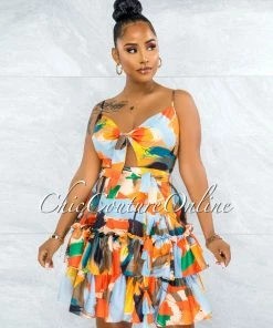 Vendor-unknown JUST IN Paiva Orange Baby Blue Multi-Color Print Front Tie Dress
