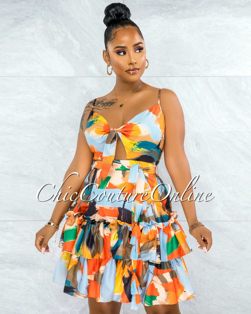 Vendor-unknown JUST IN Paiva Orange Baby Blue Multi-Color Print Front Tie Dress