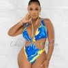 Chic Couture Online Island Blue Retro Print O-Ring Deep V Swimsuit