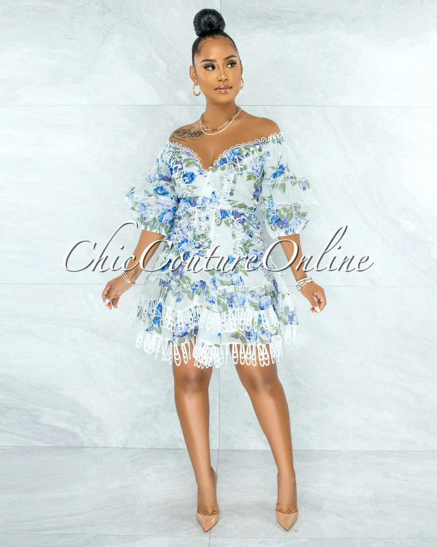 Vendor-unknown JUST IN Bahia White Blue Floral Embroidery Ruffle Skater Dress