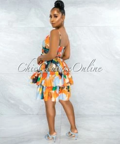 Vendor-unknown JUST IN Paiva Orange Baby Blue Multi-Color Print Front Tie Dress