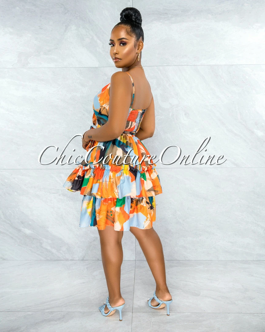 Vendor-unknown JUST IN Paiva Orange Baby Blue Multi-Color Print Front Tie Dress