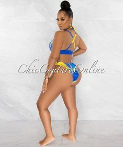 Chic Couture Online Island Blue Retro Print O-Ring Deep V Swimsuit