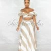 Vendor-unknown JUST IN Anison White Taupe Stripes Crop Top & Maxi Skirt Set