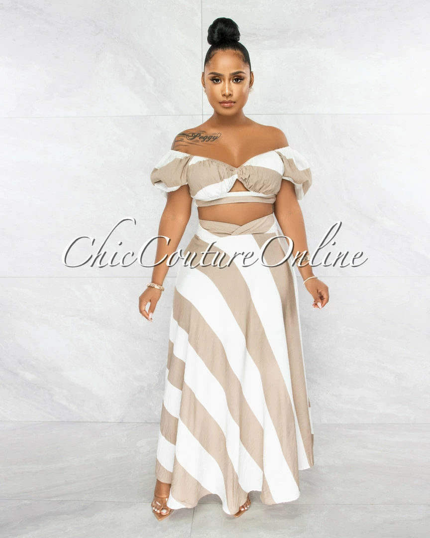 Vendor-unknown JUST IN Anison White Taupe Stripes Crop Top & Maxi Skirt Set