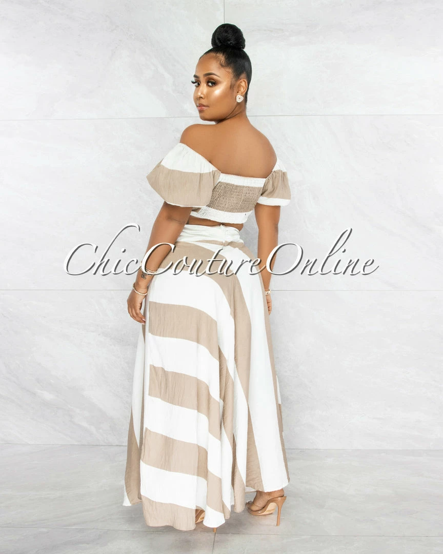 Vendor-unknown JUST IN Anison White Taupe Stripes Crop Top & Maxi Skirt Set