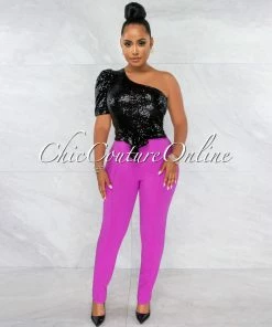 Vendor-unknown Adya One Sleeve Black Sequins Top JUST IN