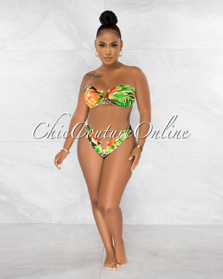 Chic Couture Online Rita Black Green Orange Gold Accent Bikini Set