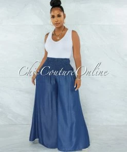 Chic Couture Online JUST IN Javana Dark Blue Smocked Waist Chambray Pants