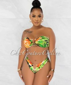 Chic Couture Online Rita Black Green Orange Gold Accent Bikini Set
