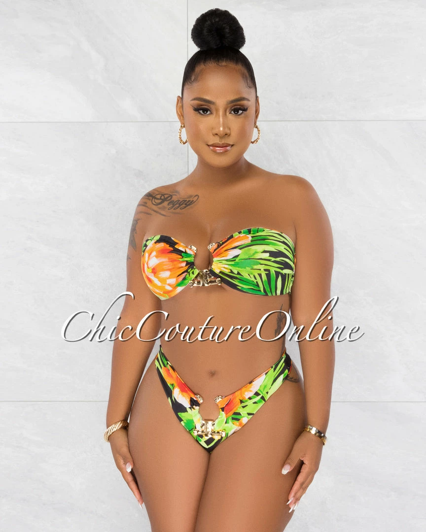 Chic Couture Online Rita Black Green Orange Gold Accent Bikini Set