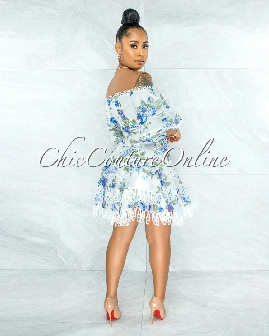Vendor-unknown JUST IN Bahia White Blue Floral Embroidery Ruffle Skater Dress