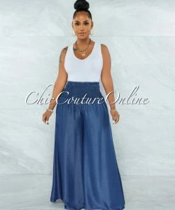Chic Couture Online JUST IN Javana Dark Blue Smocked Waist Chambray Pants
