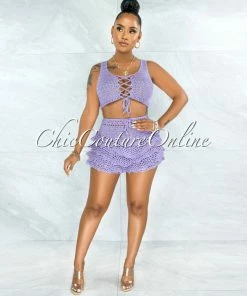 Vendor-unknown Leary Lilac Crochet Cover-Up Ruffle Skort Set