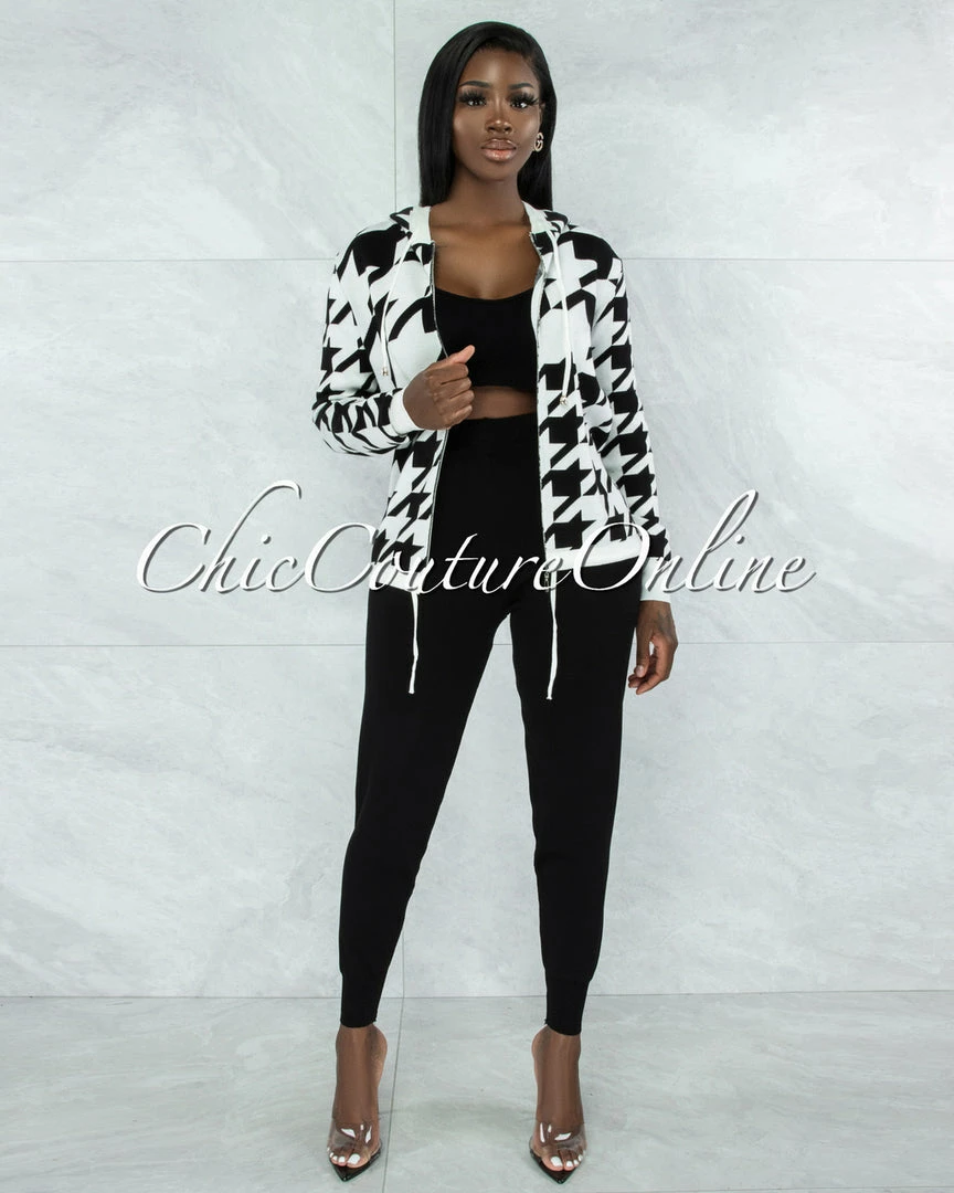 Vendor-unknown Marcia Black & White Houndstooth Sweater & Joggers Knit Set CLOTHING