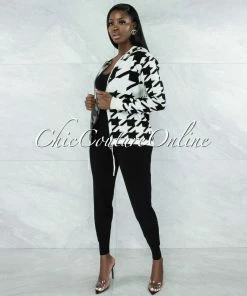 Vendor-unknown Marcia Black & White Houndstooth Sweater & Joggers Knit Set CLOTHING