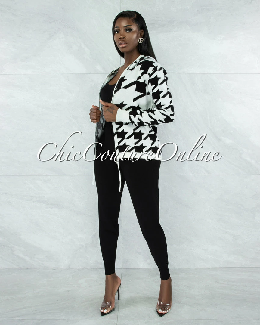 Vendor-unknown Marcia Black & White Houndstooth Sweater & Joggers Knit Set CLOTHING