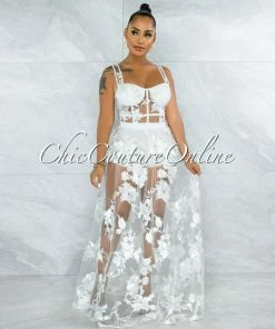 Vendor-unknown JUST IN Lidonie Off-White Embroidery Mesh Maxi Padded Dress