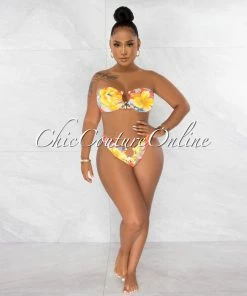 Chic Couture Online JUST IN Rita Coral Yellow Blue Gold Accent Bikini Set