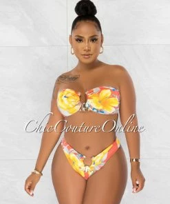 Chic Couture Online JUST IN Rita Coral Yellow Blue Gold Accent Bikini Set