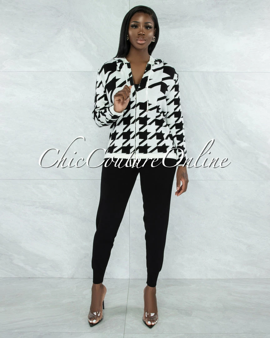 Vendor-unknown Marcia Black & White Houndstooth Sweater & Joggers Knit Set CLOTHING