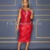 Vendor-unknown CELEBRITY CO Maru Red Silver Sequins Feather Embellished Midi Dress
