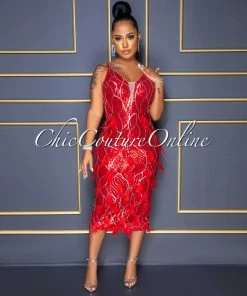 Vendor-unknown CELEBRITY CO Maru Red Silver Sequins Feather Embellished Midi Dress