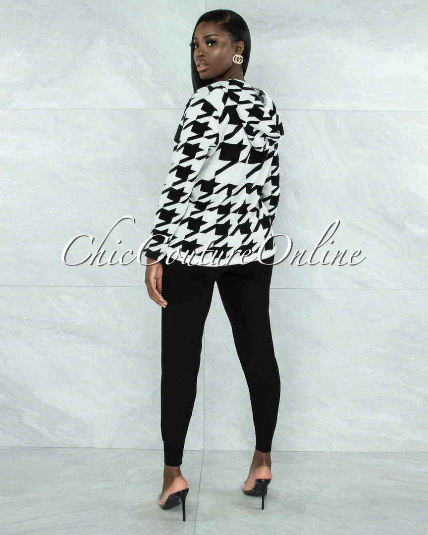 Vendor-unknown Marcia Black & White Houndstooth Sweater & Joggers Knit Set CLOTHING