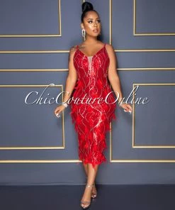 Vendor-unknown CELEBRITY CO Maru Red Silver Sequins Feather Embellished Midi Dress
