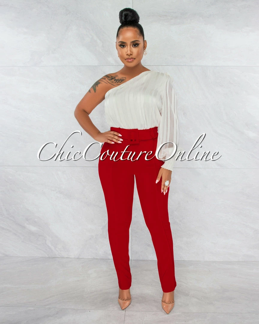 Vendor-unknown Danna Red High-Waist Belt Pants