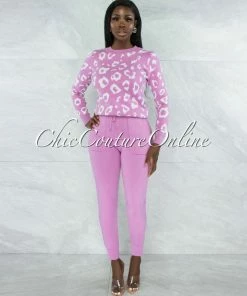 Vendor-unknown Mahalia Pink White Leopard Sweater & Joggers Knit Set