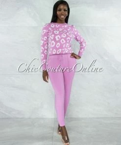 Vendor-unknown Mahalia Pink White Leopard Sweater & Joggers Knit Set