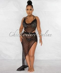 Chic Couture Online Mayes Black Rhinestones Mesh Pareo 4 Piece Set Swimsuit