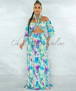 Vendor-unknown Godana Green Multi-Color Ruffle Top & Maxi Skirt Ribbed Set JUST IN