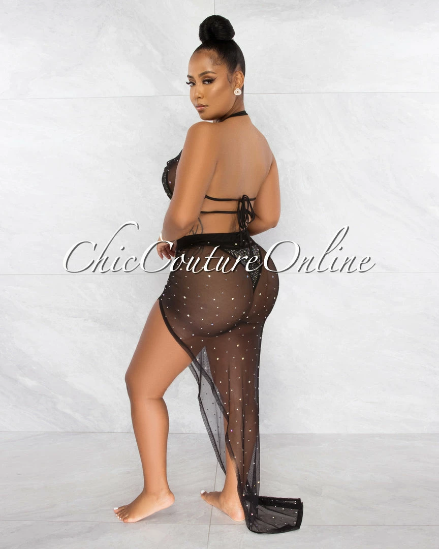 Chic Couture Online Mayes Black Rhinestones Mesh Pareo 4 Piece Set Swimsuit