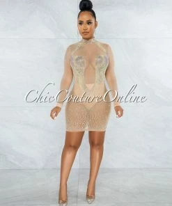 Chic Couture Online Fabunni Nude Iridescent Rhinestones Mesh Mini Dress JUST IN