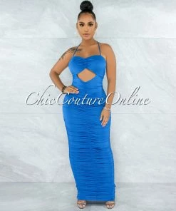 Chic Couture Online Efrat Royal Blue Front Key-Hole Maxi Ruched Dress