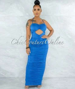 Chic Couture Online Efrat Royal Blue Front Key-Hole Maxi Ruched Dress
