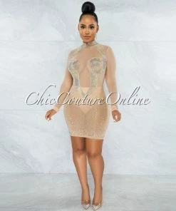 Chic Couture Online Fabunni Nude Iridescent Rhinestones Mesh Mini Dress JUST IN