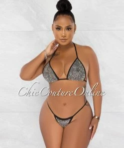 Chic Couture Online Mayes Black Rhinestones Mesh Pareo 4 Piece Set Swimsuit
