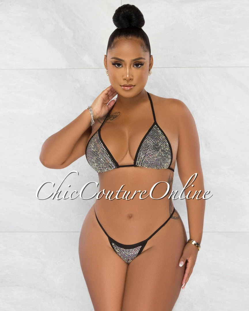 Chic Couture Online Mayes Black Rhinestones Mesh Pareo 4 Piece Set Swimsuit