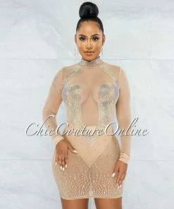 Chic Couture Online Fabunni Nude Iridescent Rhinestones Mesh Mini Dress JUST IN