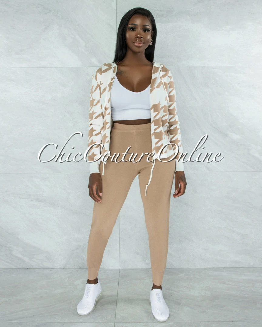 Vendor-unknown CLOTHING Marcia Nude & White Houndstooth Sweater & Joggers Knit Set